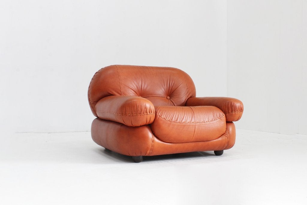 Vintage Sapporo cognac leren design fauteuil Mobil Girgi, Ophalen, Gebruikt, 100 tot 125 cm, Vintage