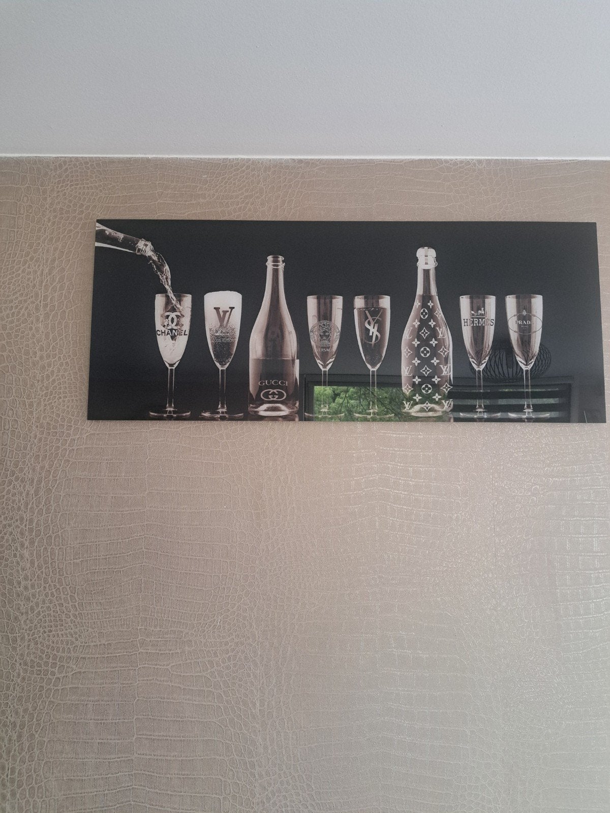 Luxe Spiegelglas Schilderij met Designer Merken, Huis en Inrichting, Ophalen, Zo goed als nieuw, Schilderij, 100 tot 125 cm