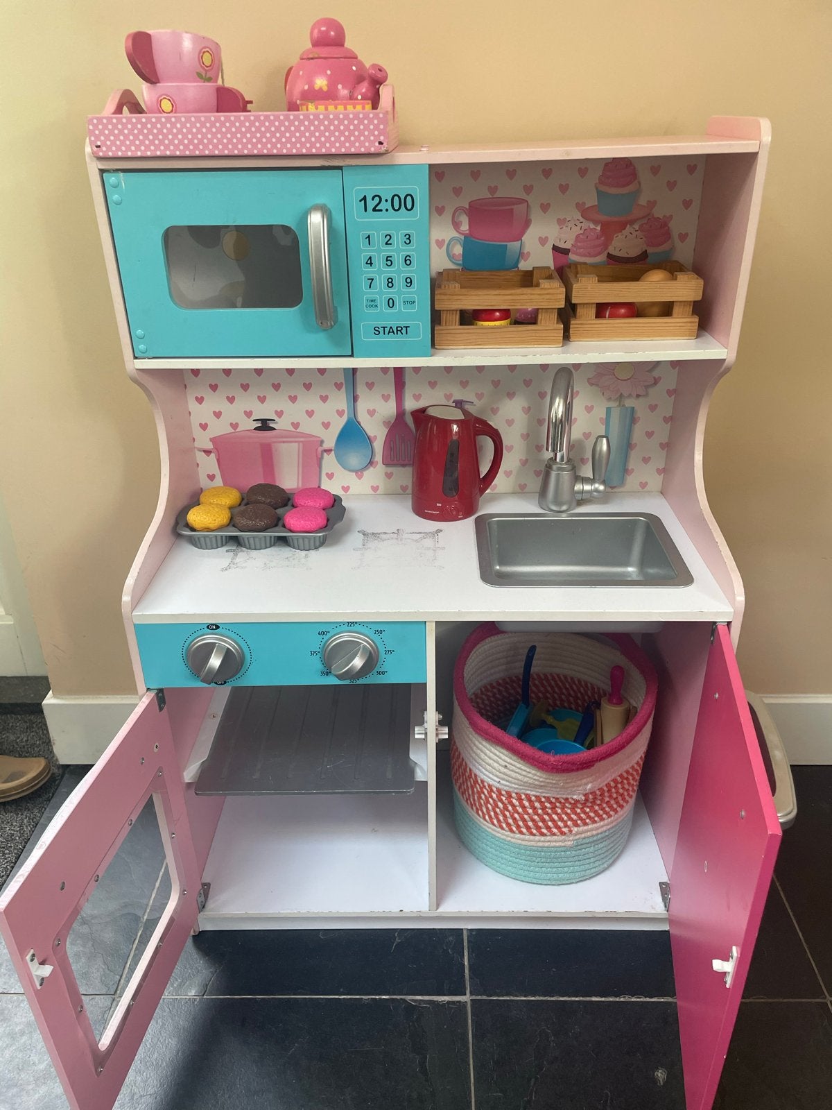 Houten speelkeuken met accessoires - Roze/Blauw, Ophalen, Gebruikt, Hout, Speelkeuken