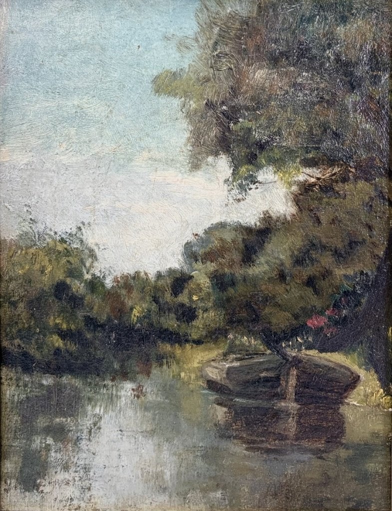 969. Olieverfschilderij – rivierlandschap met boot, ca. 1900