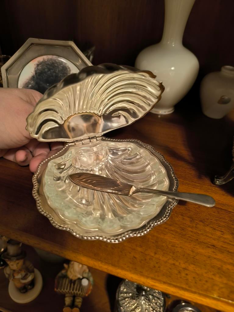 Zilveren Mossel Zout Houder met Lepeltje, Antiek en Kunst, Ophalen of Verzenden