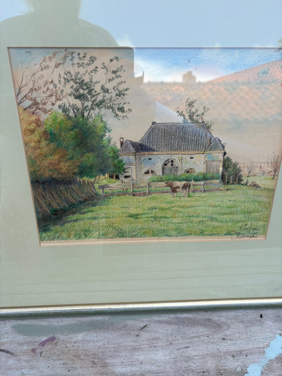 Gesigneerde pasteltekening boederij, Antiek en Kunst, Kunst | Schilderijen | Klassiek, Ophalen of Verzenden