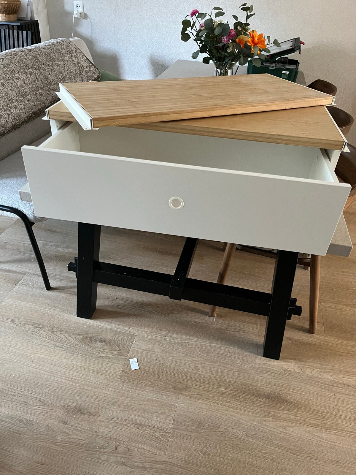 IKEA ELVARLI Lade met 2 bamboe planken wit, 80x51 cm, Ophalen, 1 of 2 laden, 50 tot 100 cm, Zo goed als nieuw