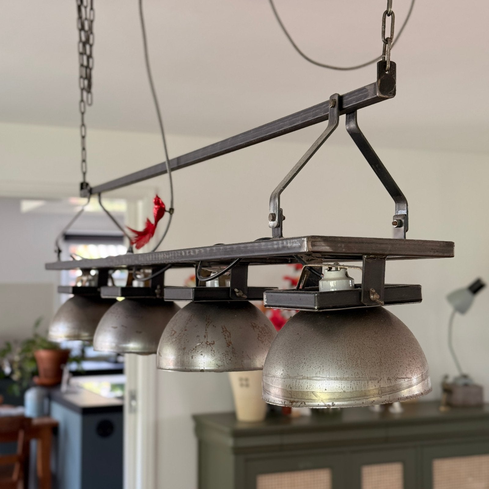 Industriële eettafel lamp met 4 lichtpunten, Ophalen, Gebruikt, Metaal, E27 (groot)