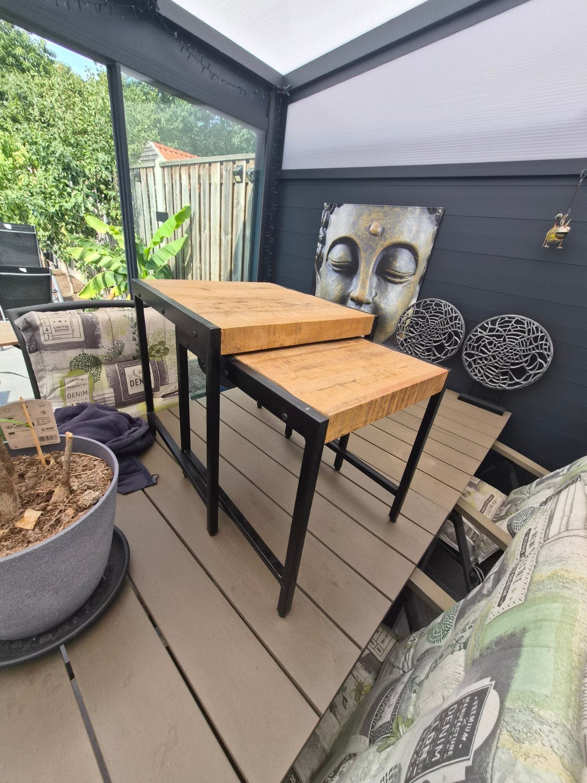 salontafels/bijzettafels mangohout, Minder dan 55 cm, Vierkant, Zo goed als nieuw, Ophalen