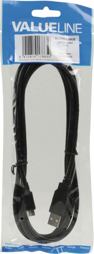 Valueline USB 2.0 A Male naar USB 2.0 Micro Male - 2 meter, Verzenden, Nieuw