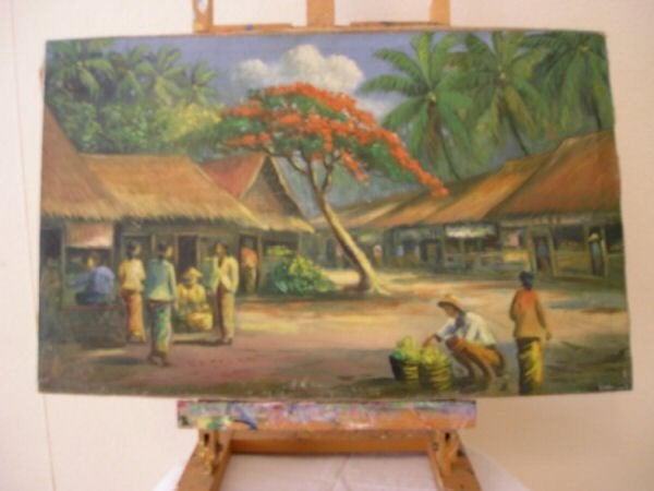 Indonesië Tafereel Dessa (Dorp) met Bomen en, Ophalen of Verzenden, Schilderij, Geschilderd