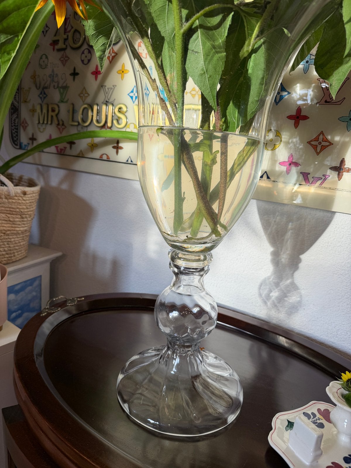 Grote antieke glazen vaas (67 cm) voor zonnebloemen, Ophalen of Verzenden