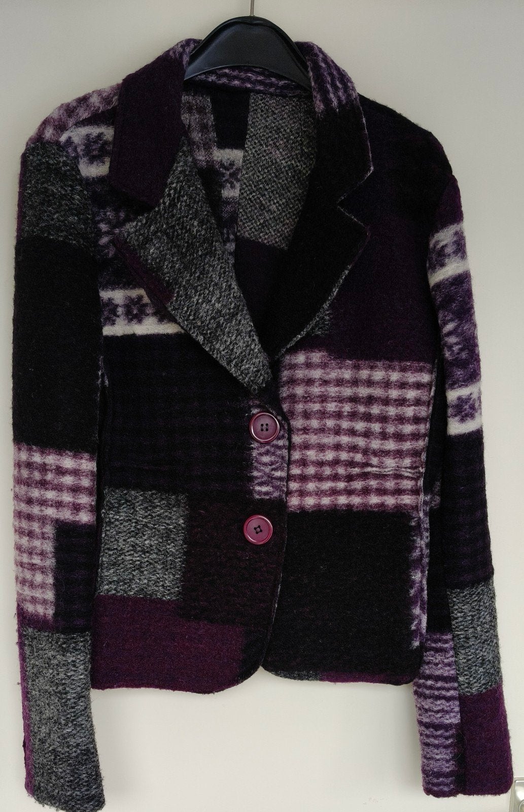 Unieke wollen patchwork blazer - Maat L, Paars, Maat 46/48 (XL) of groter, Ophalen of Verzenden, Onbekend