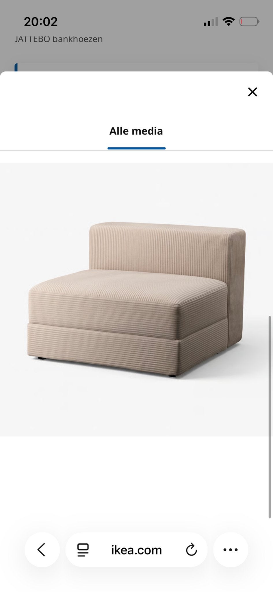 3x IKEA JÄTTEBO Bankhoes 1,5 zits, beige ribfluweel, Eenpersoons, Ophalen of Verzenden, Zo goed als nieuw, Rechte bank