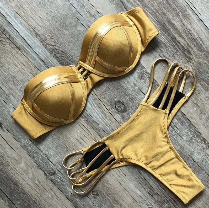 Gouden push up string bikini dames vrouwen, Verzenden, Nieuw, Goud, Bikini