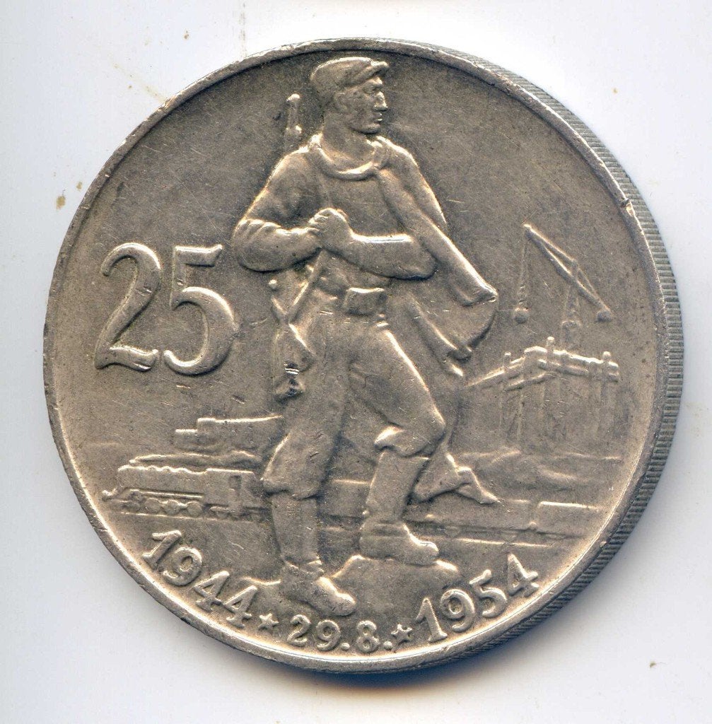 Tsjechoslowakije 25 Korun 1954 Soldaat , Trein, Ophalen of Verzenden, Overige landen, Zilver