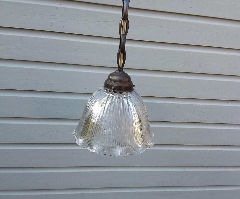 Grote Holophane hanglamp, Huis en Inrichting, Lampen | Hanglampen, Gebruikt, Ophalen of Verzenden, Glas, Minder dan 50 cm