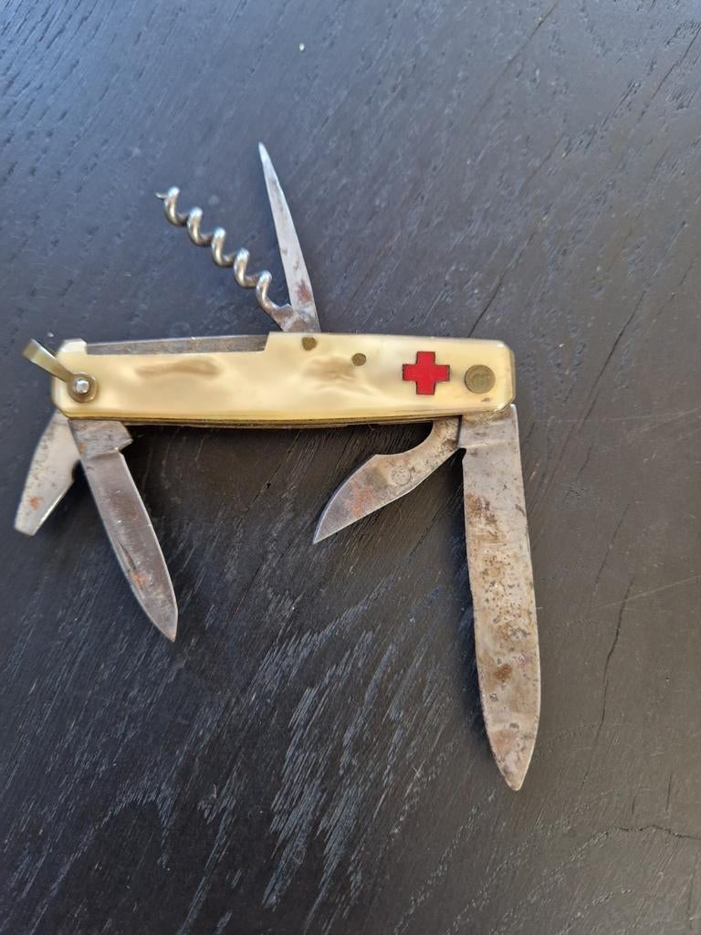 Antiek officier zakmes met parelmoer en ingelegd wapen, Ophalen of Verzenden, Gebruikt