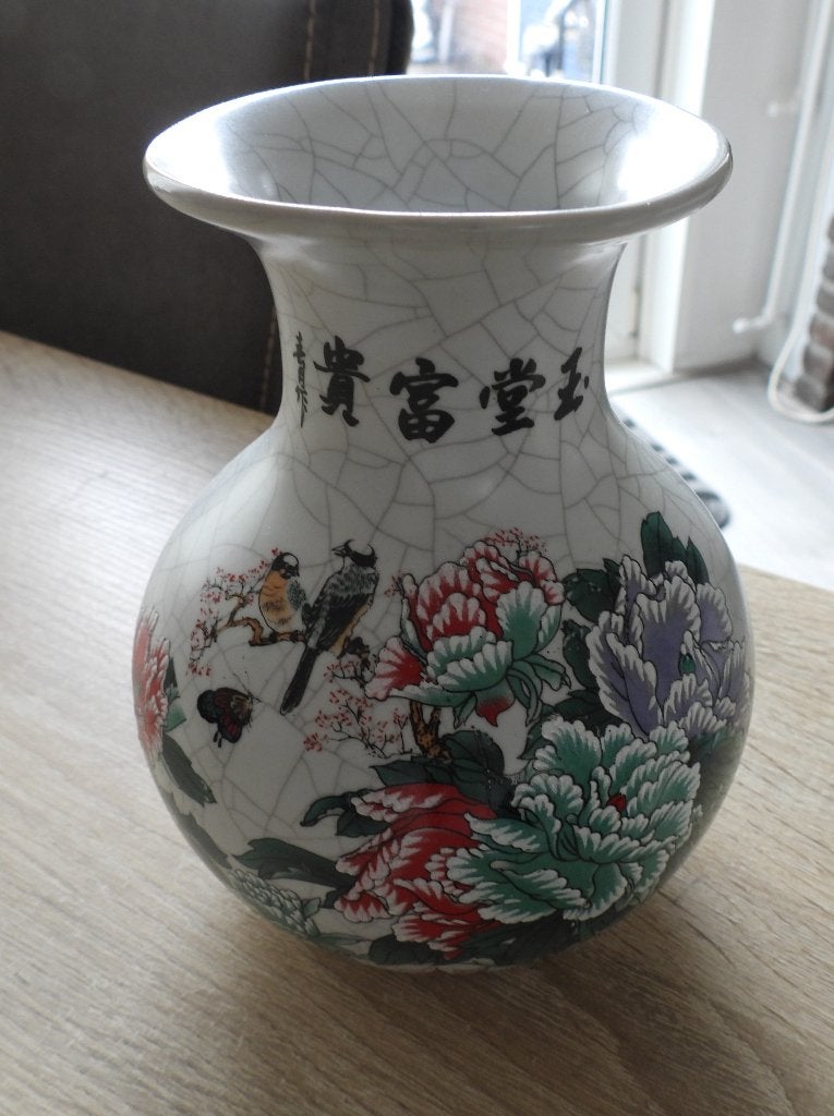 Chinees Craquelé Vaasje met Bloemen en Vogels, Antiek en Kunst, Ophalen of Verzenden