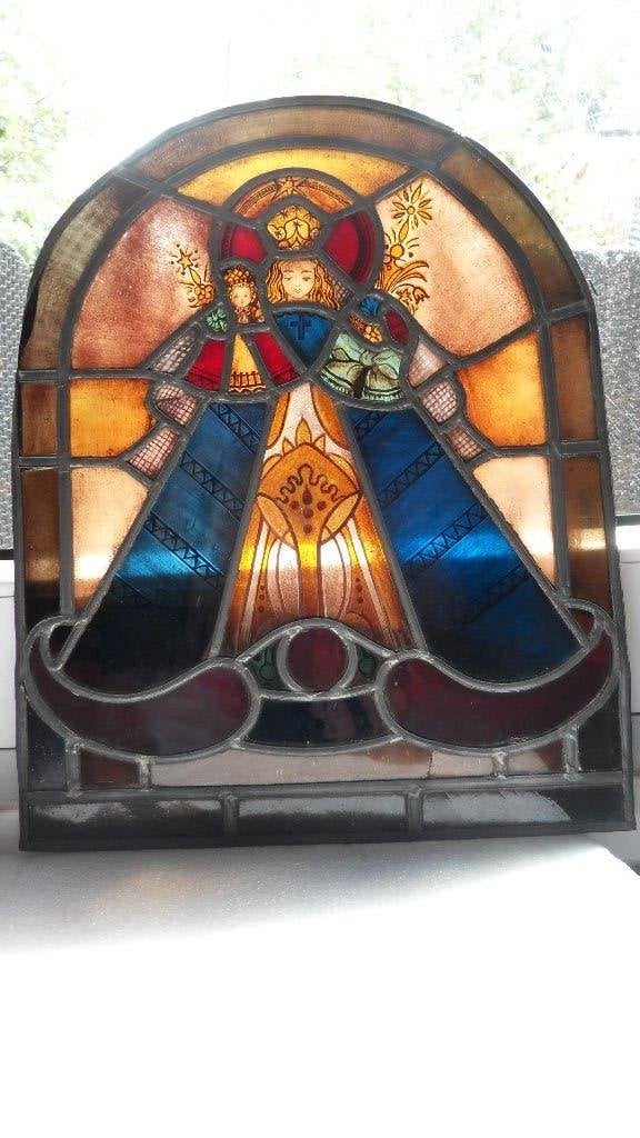 Antiek gebrandschilderd glas in lood  Maria met Kind, Ophalen