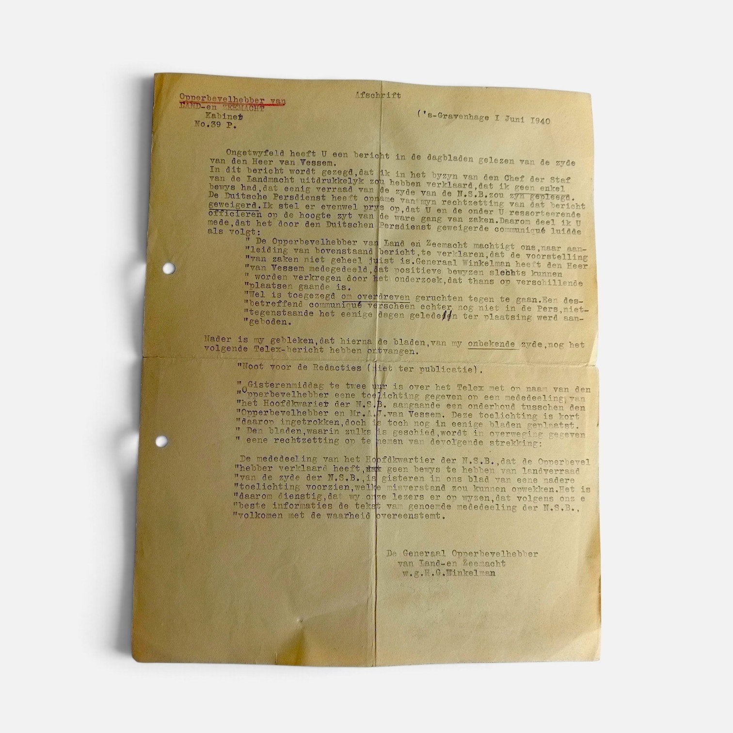 Zeldzaam WO2 Document Generaal Winkelman (1 Juni 1940 - NSB), Ophalen of Verzenden, Landmacht, Nederland, Overige typen