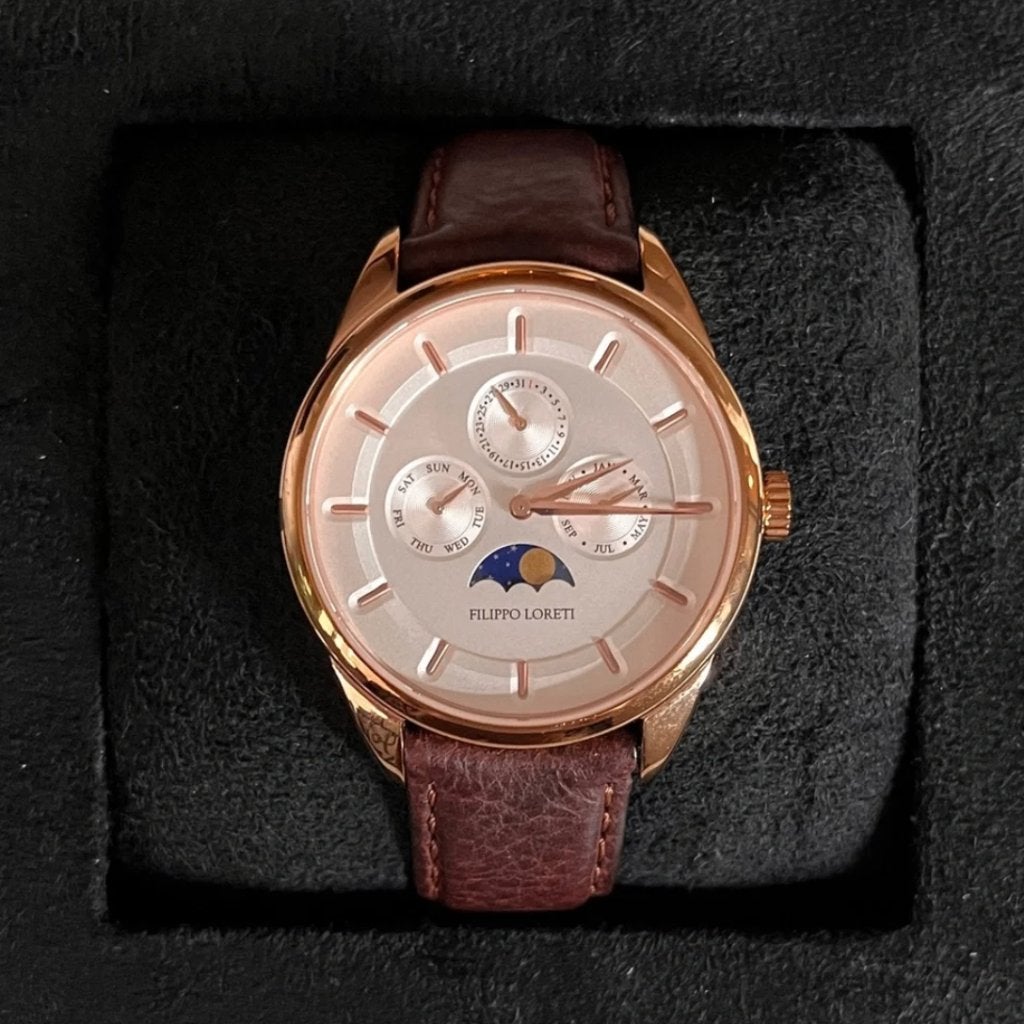 Herenhorloge FILIPPO LORETI "Venice Moonphase Gold", Sieraden, Tassen en Uiterlijk, Overige merken, Leer, Staal, Polshorloge