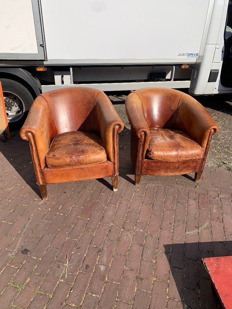 Vintage shabby lederen fauteuils, Ophalen, Gebruikt, 50 tot 75 cm, Leer