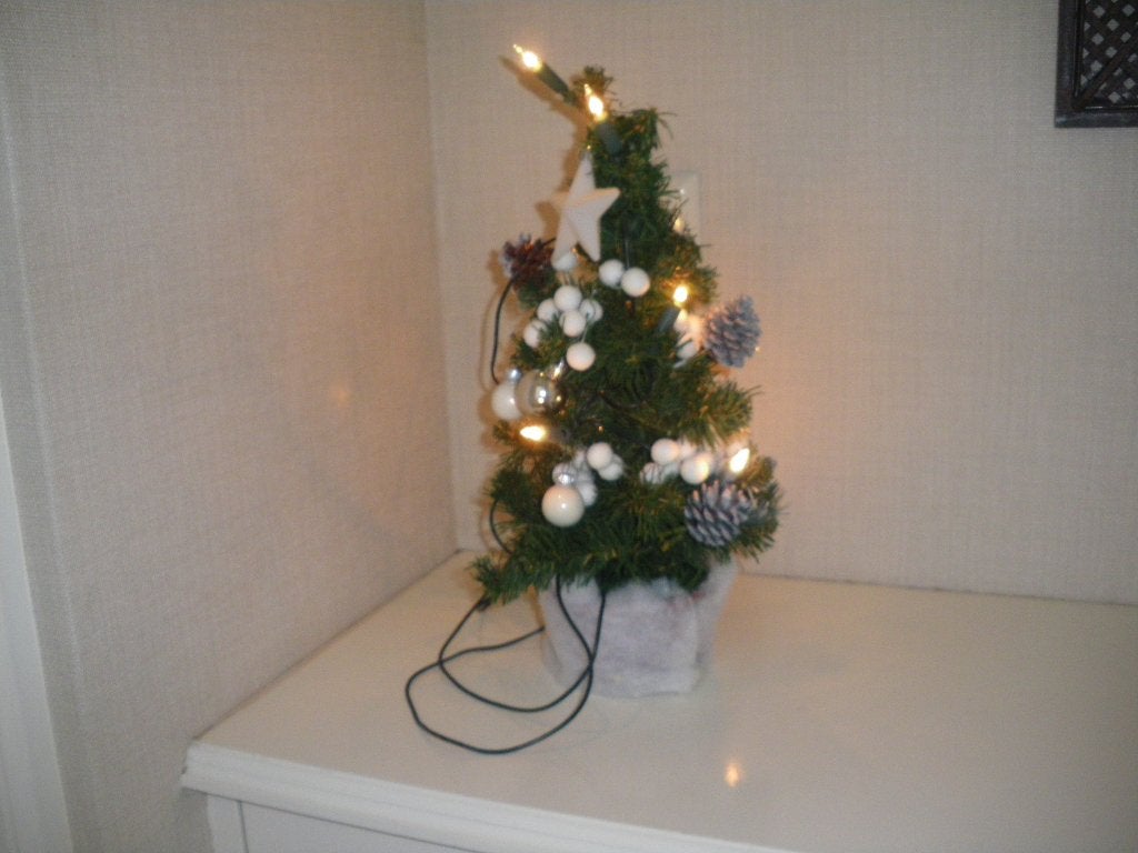 leuk klein kerst boompje witte ballentjes lichtjes op stroom, Diversen, Kerst, Ophalen of Verzenden, Zo goed als nieuw