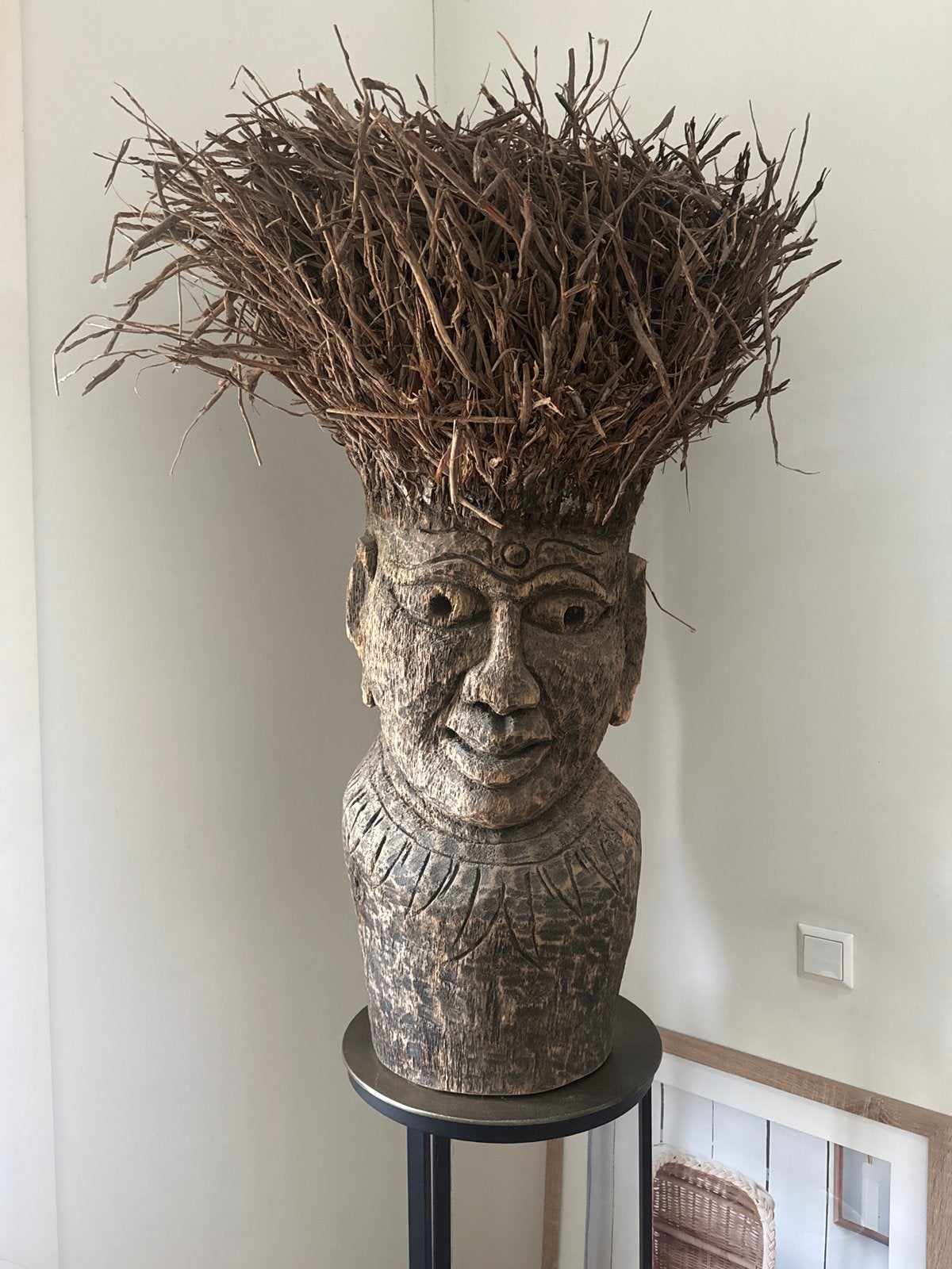 Unieke houten buste met natuurlijke takken als haar, Buste, Handgemaakt, Hout, Bruin