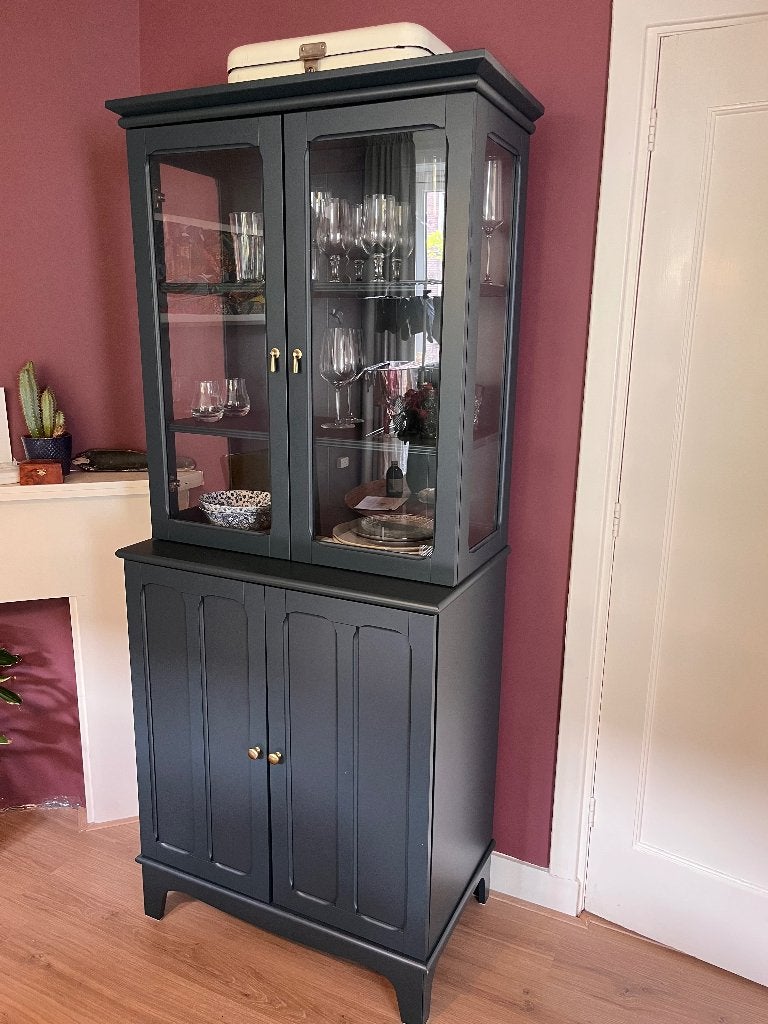 Groenblauwe Vitrinekast LOMMARP, Huis en Inrichting, Ophalen, 50 tot 100 cm, 150 tot 200 cm, 25 tot 50 cm