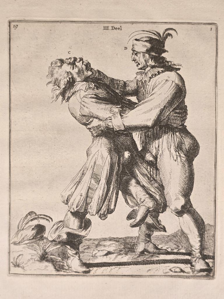 Ongewapende zelfverdediging in 1674 door Romeyn de Hooge, Ophalen of Verzenden, Dagelijks leven, Ets, 1600 - 1699