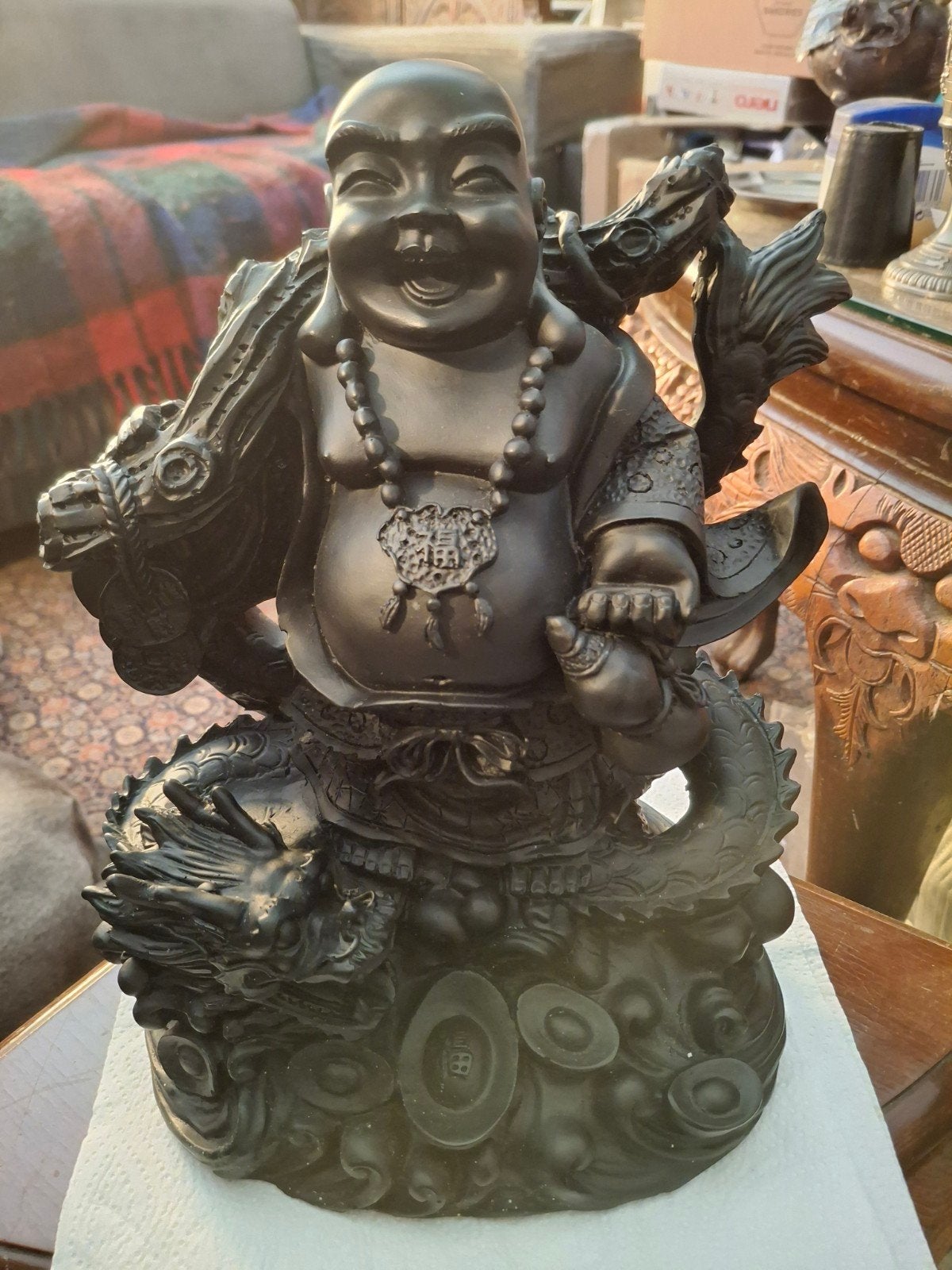 Lachende Boeddha met Draak - Geluksbeeld, Ophalen of Verzenden