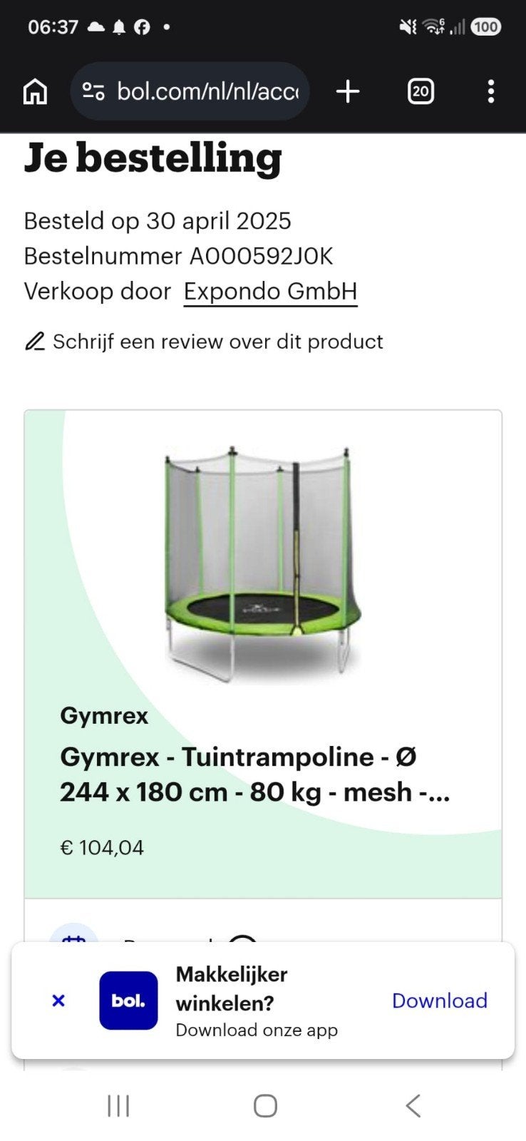 Gymrex Trampoline Ø 244 x 180 cm met veiligheidsnet, Ophalen, Gebruikt