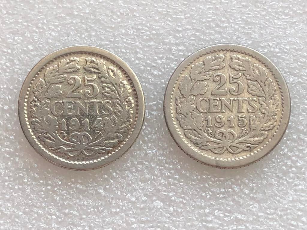 25 cent 1914 en 1915, zilver, Nederland., Postzegels en Munten, Munten | Nederland, Zilver, 25 cent, Koningin Wilhelmina, Verzenden