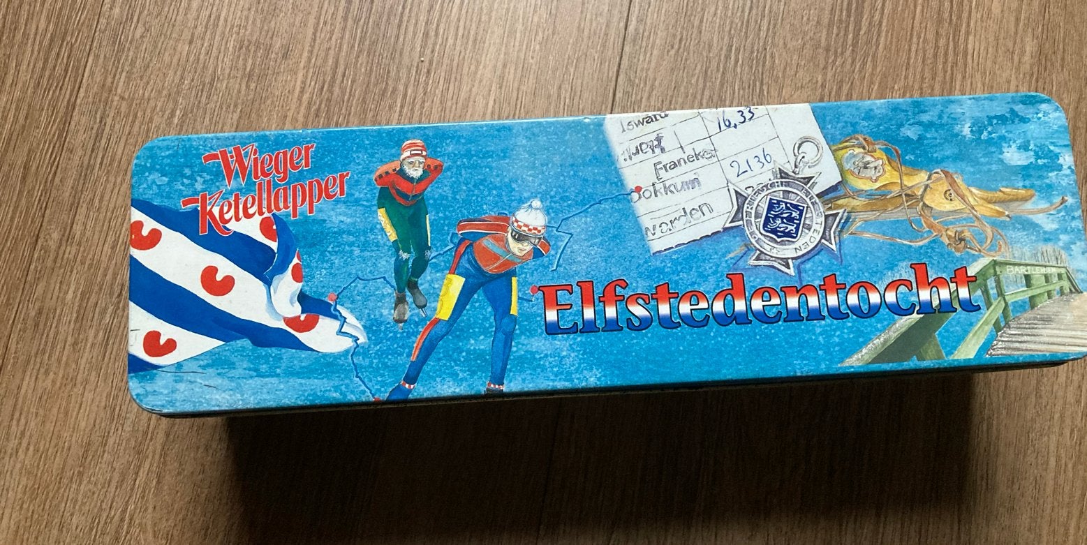 Vintage Wieger Ketellapper Elfstedentocht Koekblik, Ophalen of Verzenden, Gebruikt, Koek(jes), Overige merken
