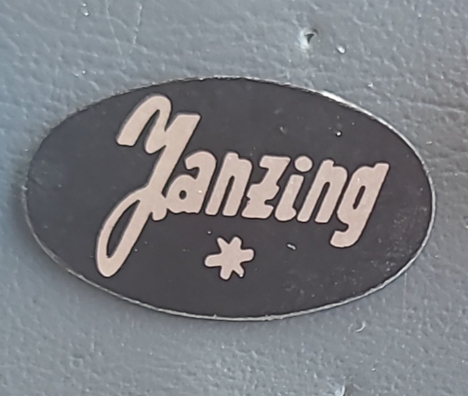 Vintage Janzing Speldje - Zwart met Beige Letters, Verzenden, Gebruikt, Merk, Speldje of Pin
