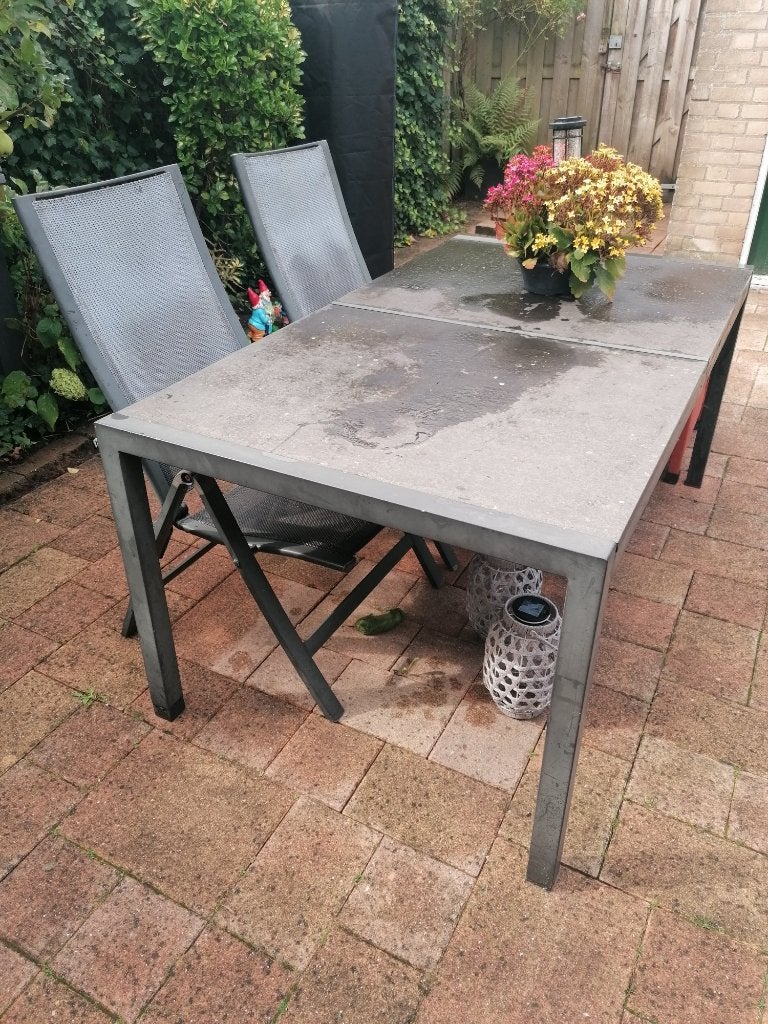 Grote tuintafel met natuurstenen blad, Ophalen, Gebruikt, Rechthoekig, Overige materialen