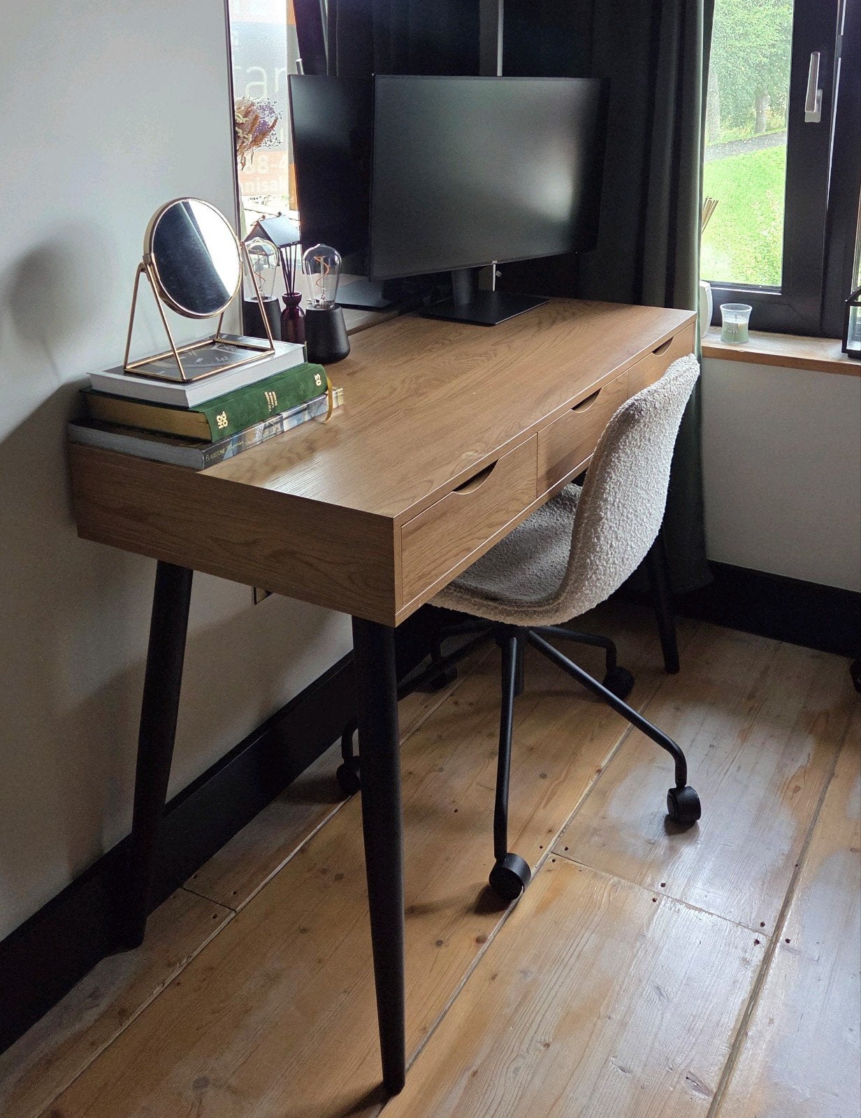 by fonQ Thijs bureau met 3 lades – zwart/houtlook, Ophalen, Met lades, Gebruikt, 110 cm