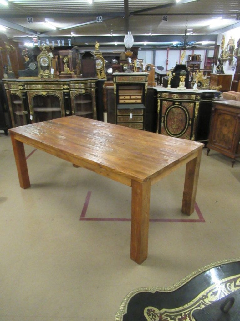 Oer 11420 vintage lange teak tafel met mooi oud blad, Ophalen