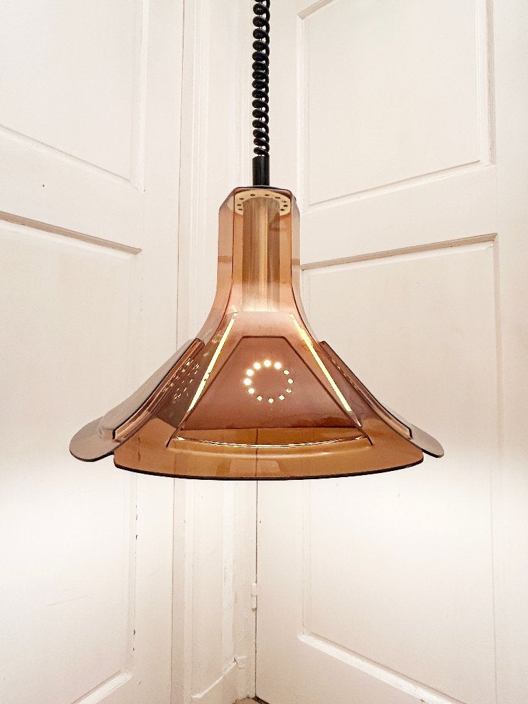 Vintage Herda Space Age 70s hanglamp/rookglas look, Huis en Inrichting, Ophalen, Space Age Seventies, E27 (groot), Kunststof