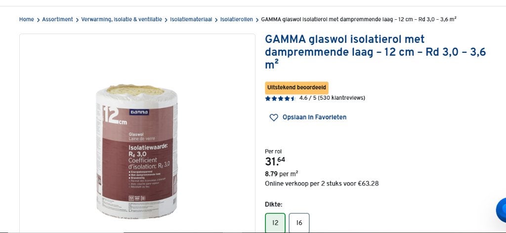 Gratis af te halen: Restanten glaswol 12cm, Ophalen, 60 cm of meer, Zo goed als nieuw, Minder dan 5 m²
