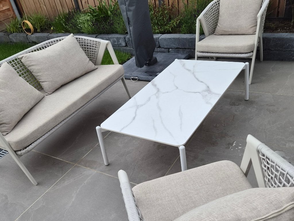 Keramische Loungesettafel 125x70x36- wit frame- als nieuw, Tuin en Terras, Tuintafels, Ophalen, Zo goed als nieuw, Rechthoekig