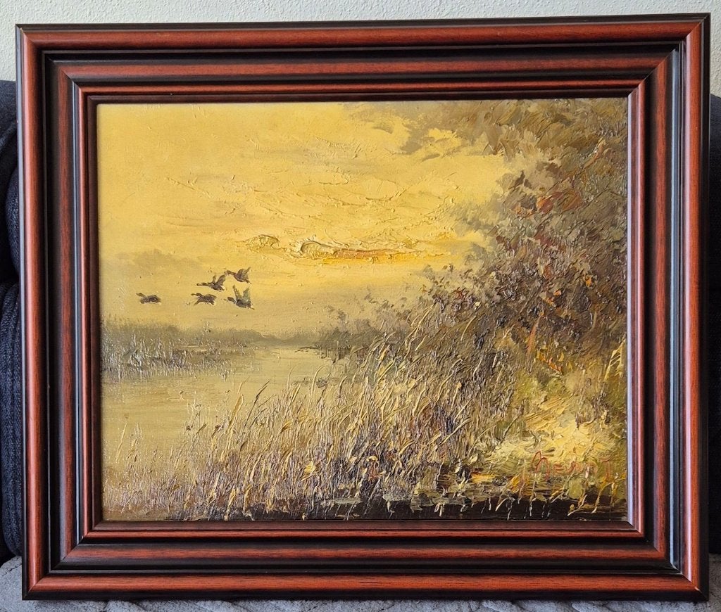 J.H.H. (John) Bévort (1917-1996), opvliegende eenden., Doek, Ophalen of Verzenden, Landschap, Olieverf
