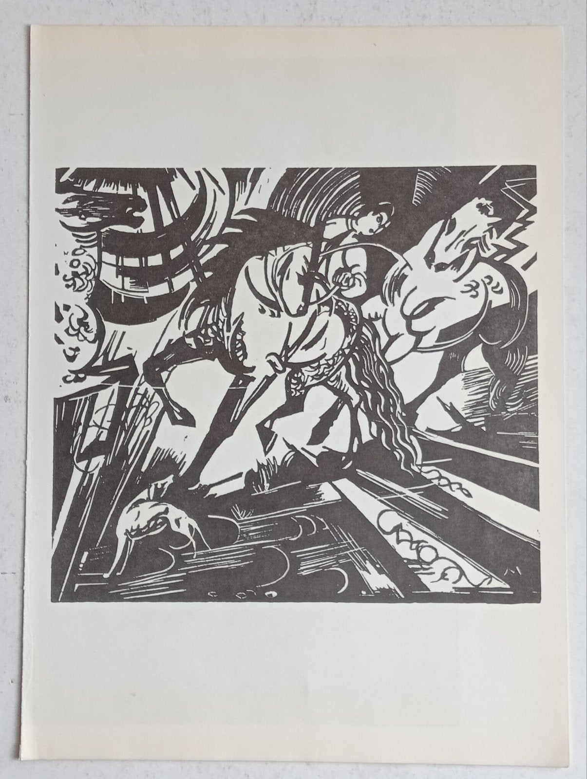 Houtsnede print met paarden, Antiek en Kunst, Kunst | Etsen en Gravures, Ophalen of Verzenden