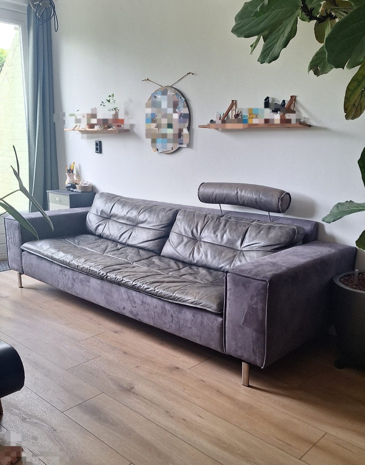 Leren/suede bank en hocker xoon- Grijs/antraciet, Ophalen, Gebruikt, Leer, Modern