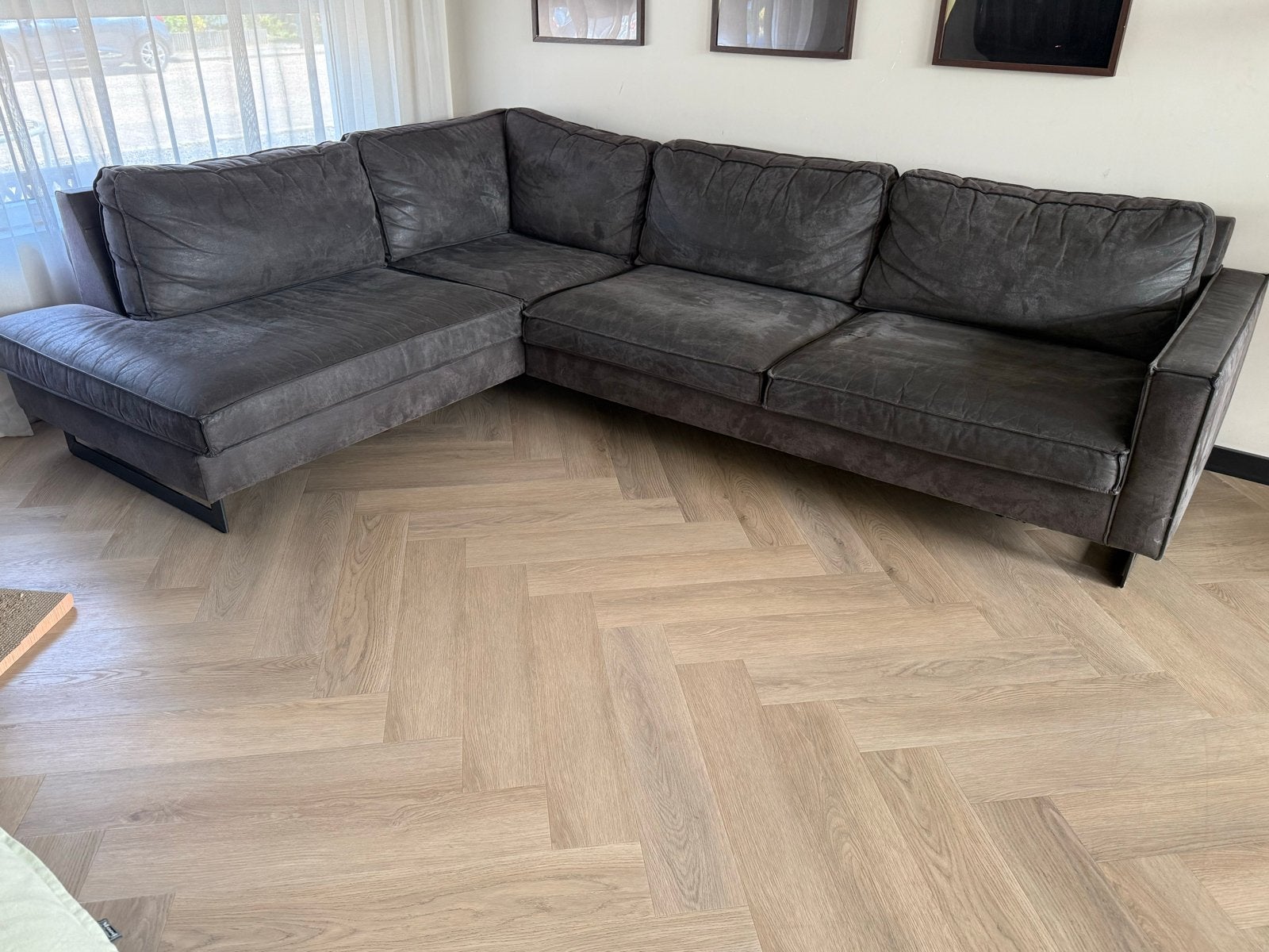 Gratis! Gebruikte grote hoekbank met chaise longue-Antraciet, Ophalen, Gebruikt, Stof