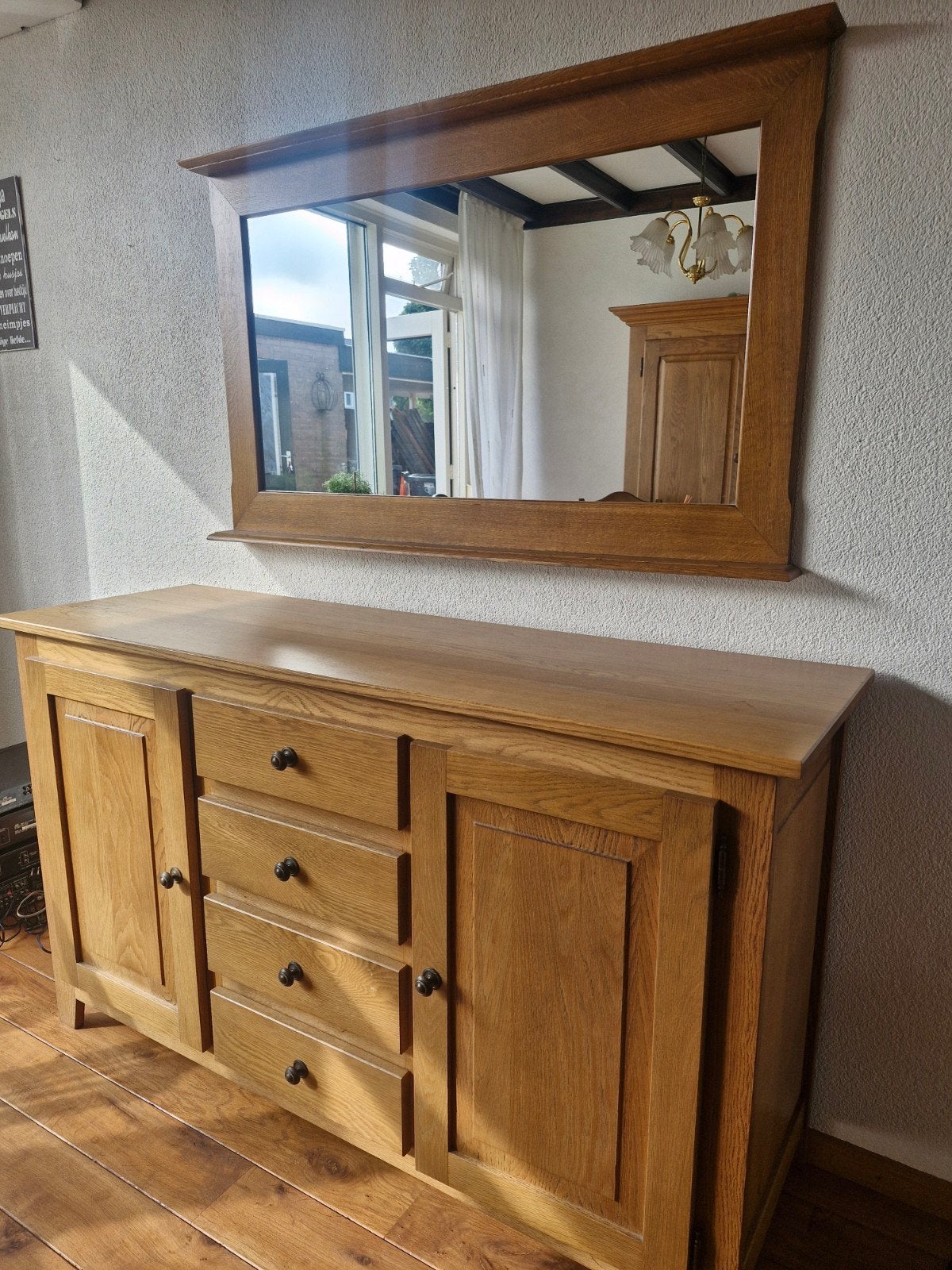 Eiken dressoir met spiegel - Landelijke stijl, Huis en Inrichting, Woonaccessoires | Spiegels, Ophalen, Zo goed als nieuw, Rechthoekig