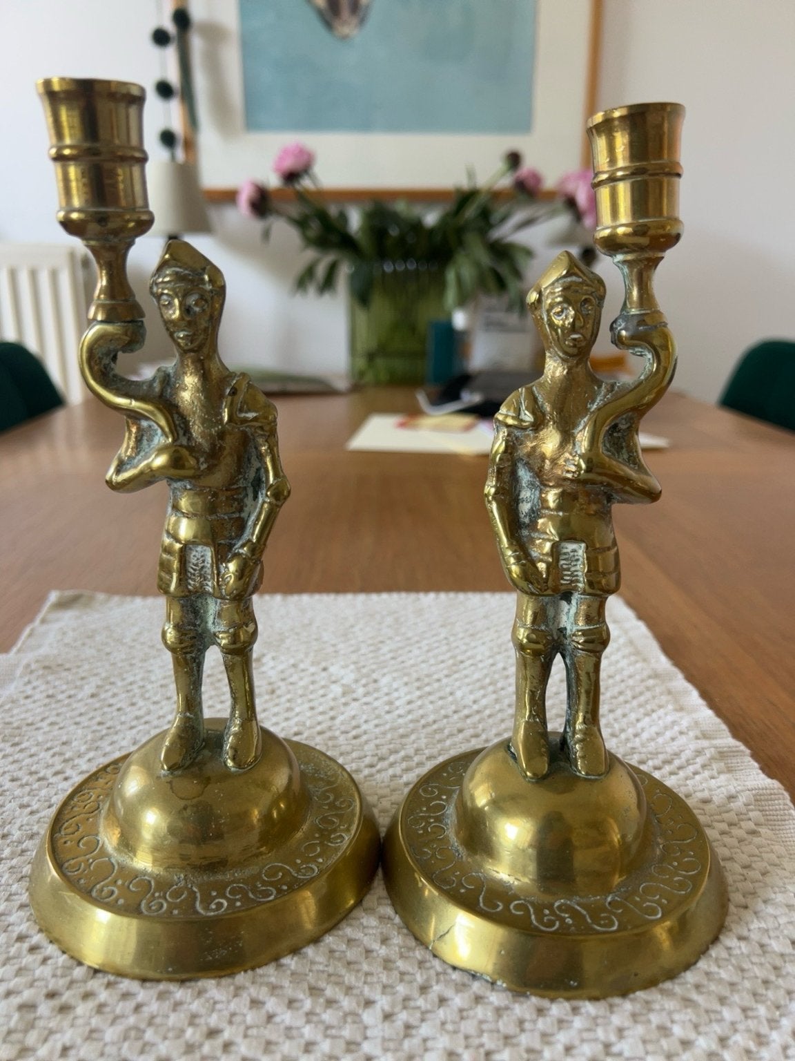 Antieke Koperen Kandelaars - Ridderfiguren, Ophalen, Koper of Brons