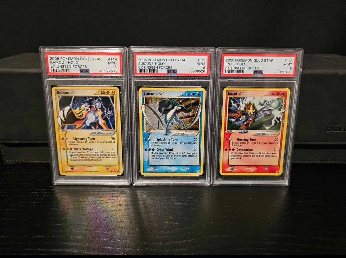 Pokemon Goldstar trio psa 9 - raikou, suicune en entei, Ophalen of Verzenden, Zo goed als nieuw