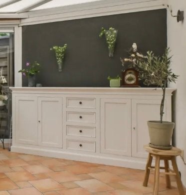 Landelijk wit dressoir massief hout (205 cm), Ophalen, Gebruikt, Met lade(s), 200 cm of meer