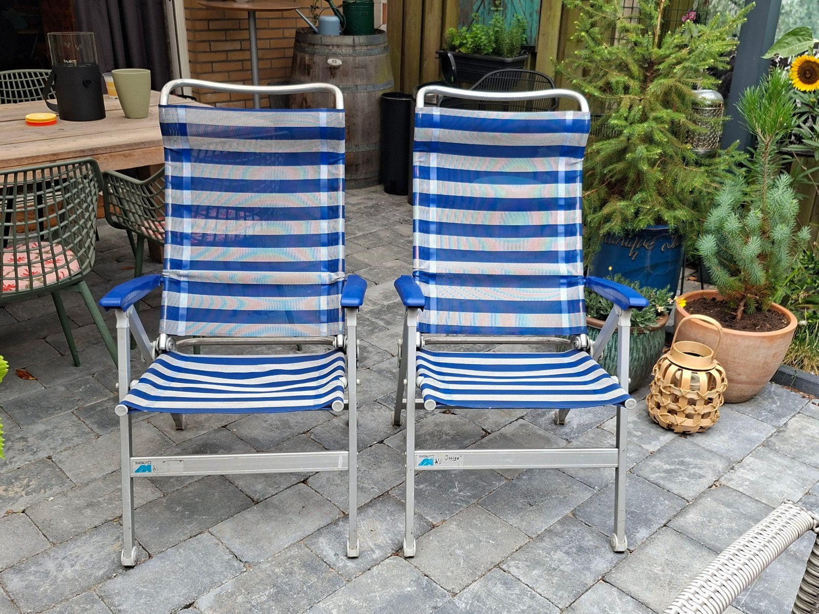 2 Dukdalf campingstoelen, blauw gestreept, uitstekende staat, Caravans en Kamperen, Ophalen, Zo goed als nieuw, Campingstoel