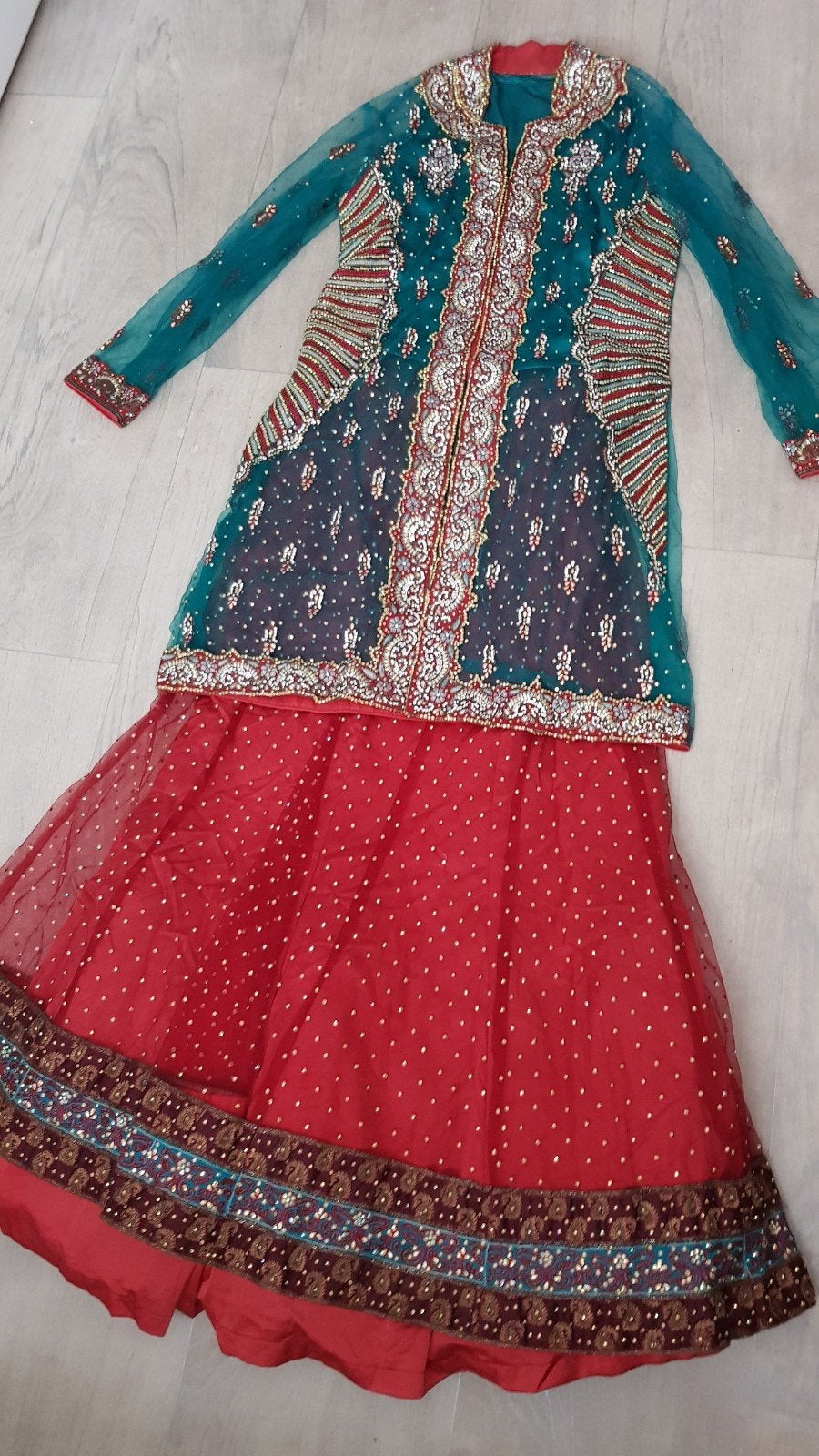 Indiase Lehenga Set Turquoise Groen Rood S/M, Verzenden, Nieuw, Maat 36 (S), Meerkleurig