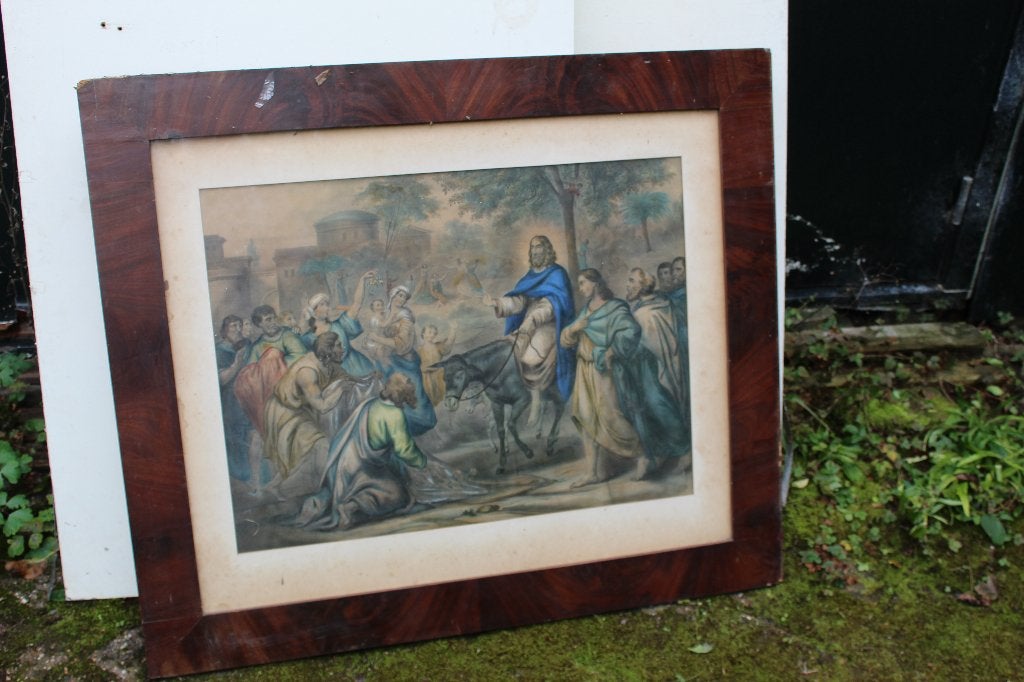 Oude houten lijst met religieuze poster (90x77cm), Ophalen