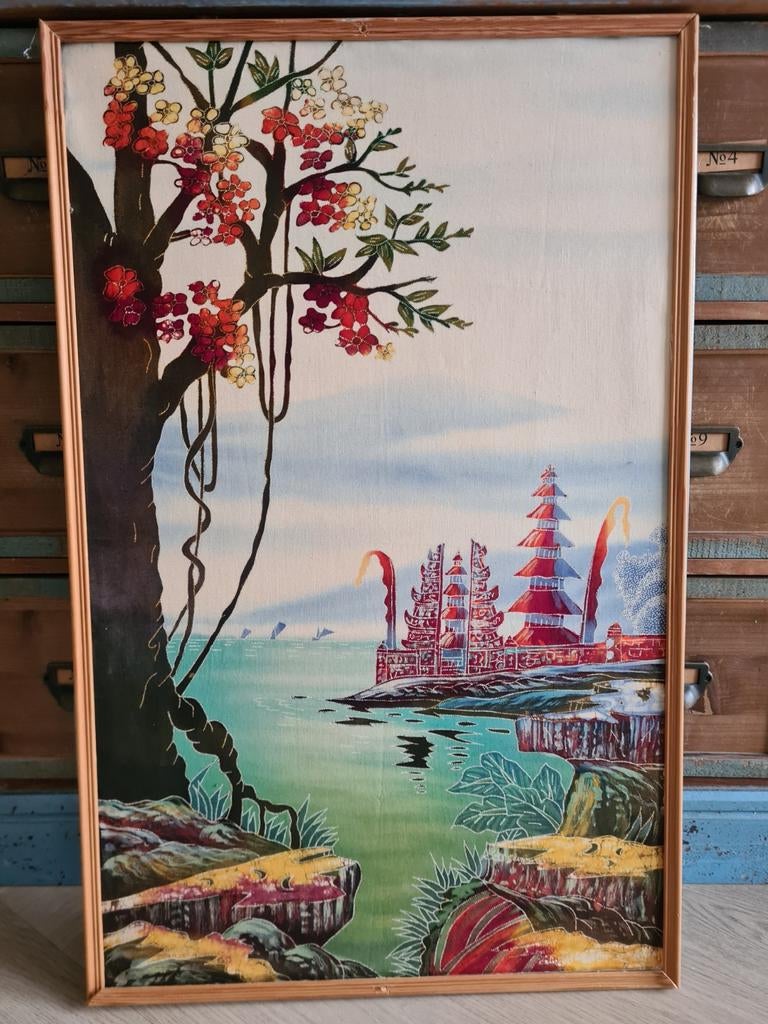 Handgeschilderde Indonesische doek in lijst - Bali tempel, Antiek en Kunst, Ophalen of Verzenden